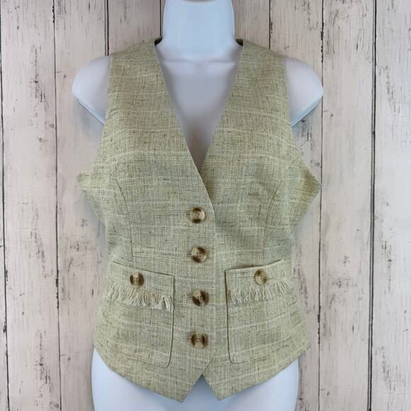Avec Les Filles Green Textured Tweed Suit Vest Fringe Pockets V-Neck Size Small - Picture 10 of 13